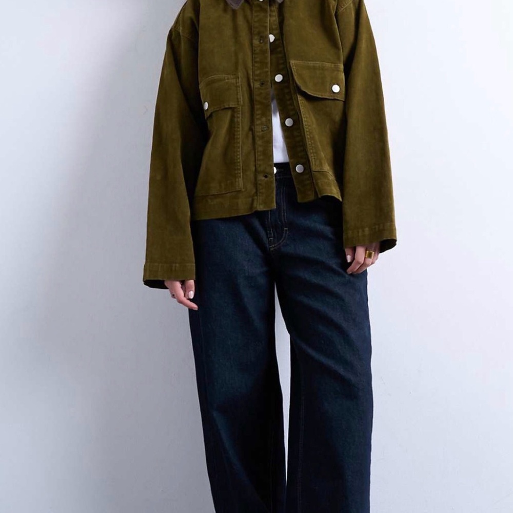 Topshop Olive Green Corduroy Utility Jacket with Brown Collar - Picture 4 of 5